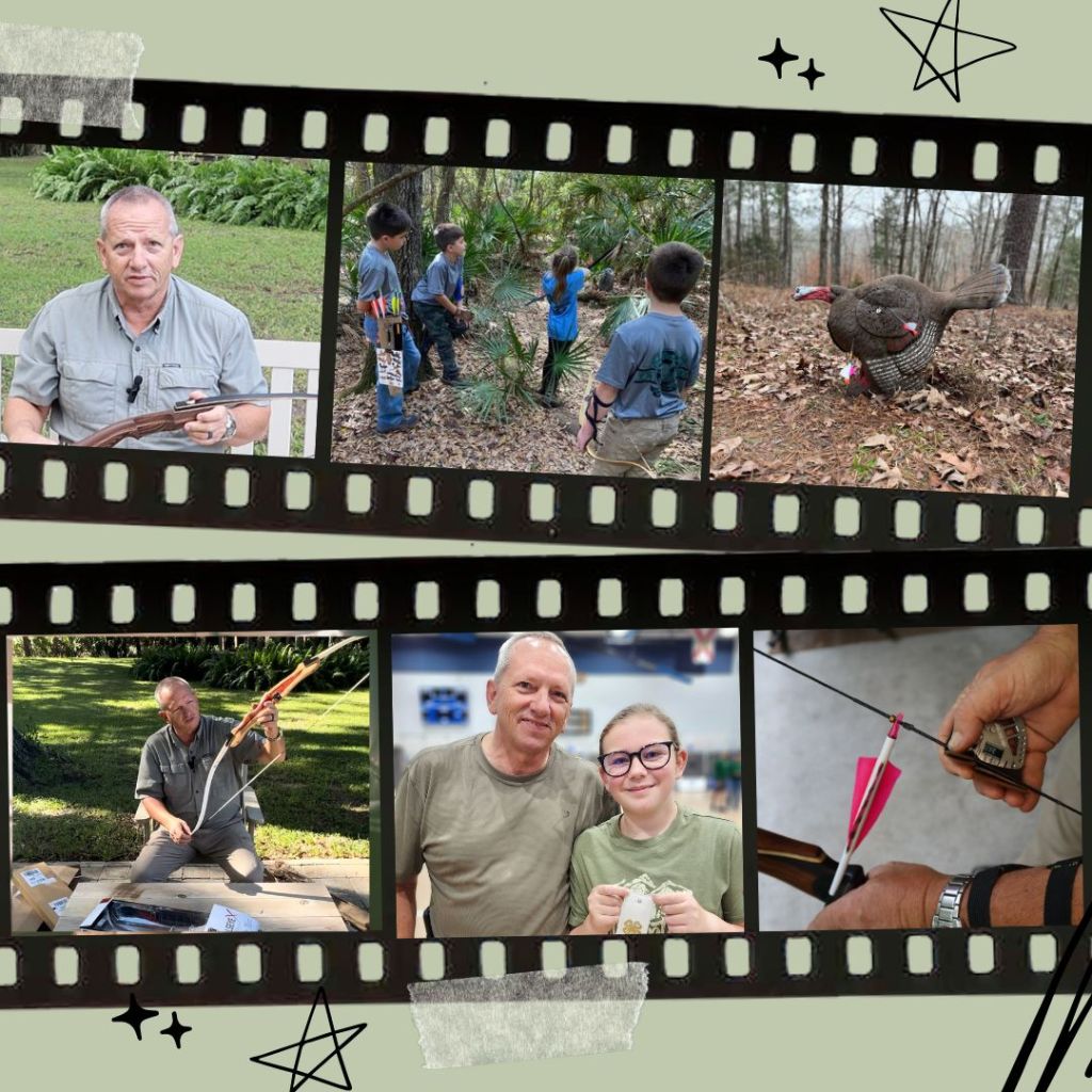 Collage of images featuring archery activities, including an instructor with a bow, children exploring nature, a turkey in the woods, a father and child holding prizes, and hands preparing an arrow for shooting.