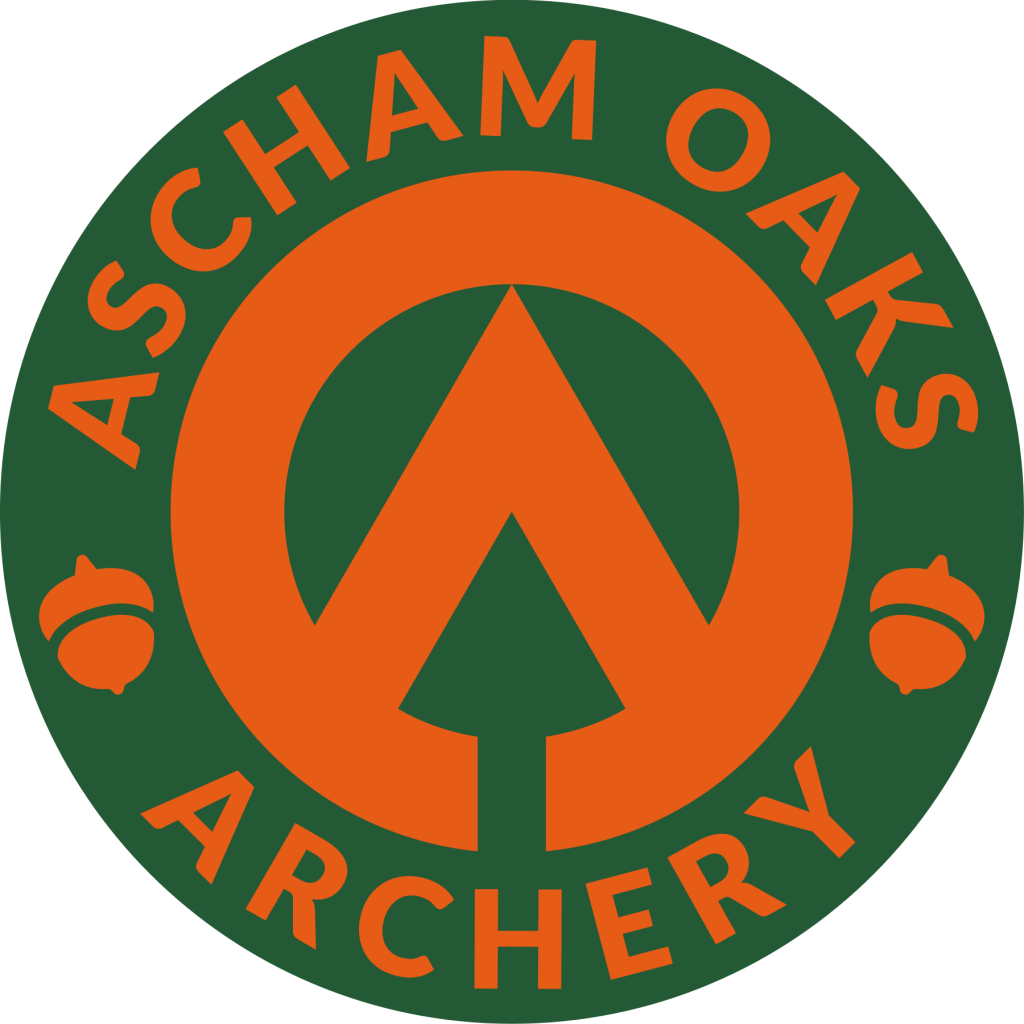 Logo of Ascham Oaks Archery featuring an orange and green color scheme with the text 'ASCHAM OAKS ARCHERY' and a stylized arrow design.